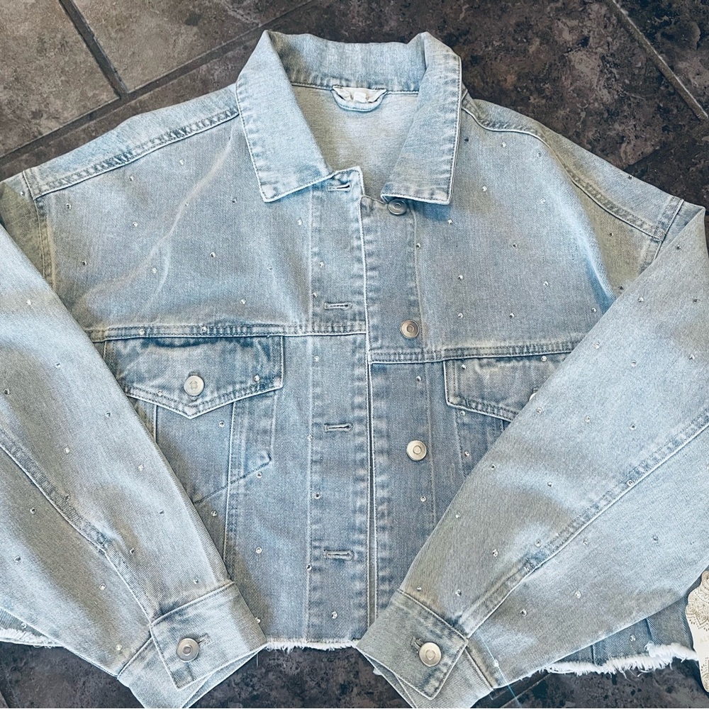 Altar'd State Light Blue Jean Jacket with Pearl Details